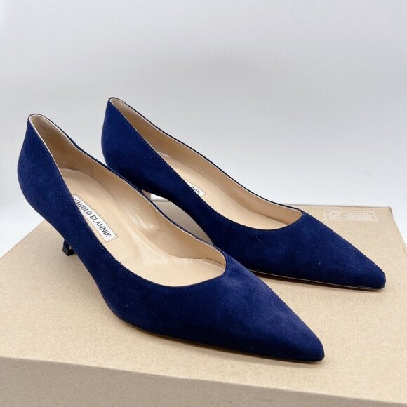 MANOLO BLAHNIK Srila Low Heel Pumps Navy Blue Suede Pointed Toe EU 38.5 US 8.5 - Picture 4 of 12